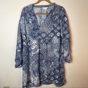 H&M Blue and White Floral Printed V-Neck Tunic Size XL